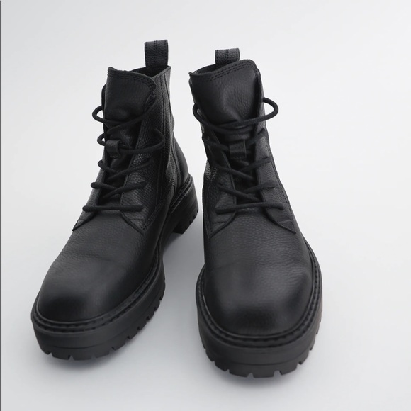 ZARA LOW HEEL LACED 100% LEATHER ANKLE BOOTS - Picture 3 of 12